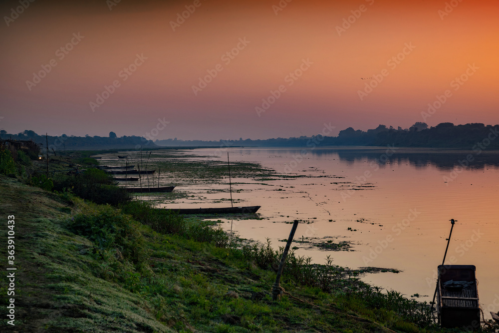 Morning view of beautiful River Narmada at Shahganj near Budhni, Madhya Pradesh, India.