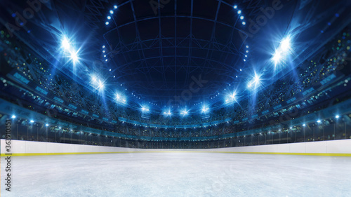 Sport stadium with grandstands full of fans, shining night lights and ice rink playground. Digital 3D illustration of sport stadium for background use.