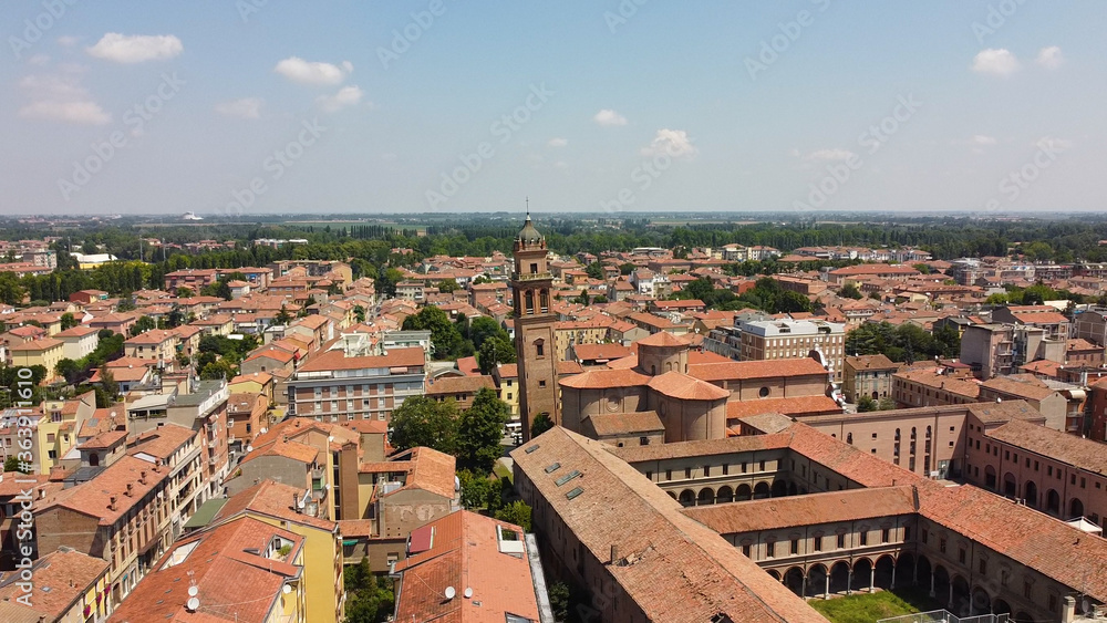 The aerial view of the downtown of the city Ferrara in Italy