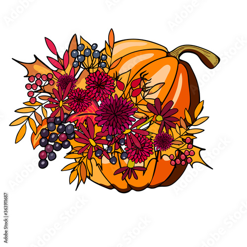 Thanksgiving hand drawn doodle style pumpkin and autumn flowers. Vector illustration for textile, paper, poster, cards