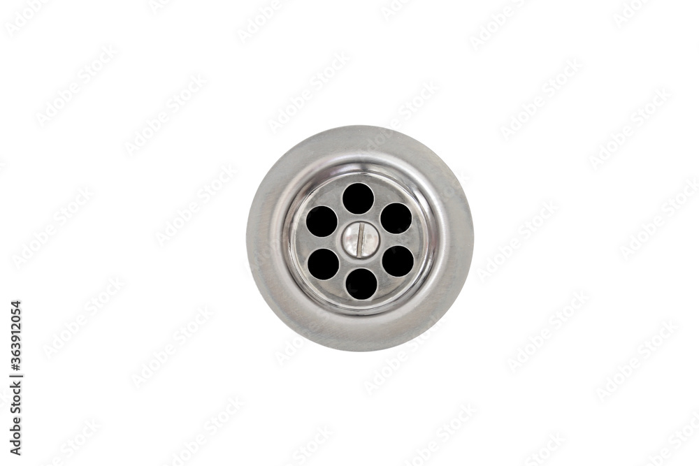 Metal sink drain isolated on white. Kitchen sink hole Metal sink drain isolated on white. Kitchen sink hole
