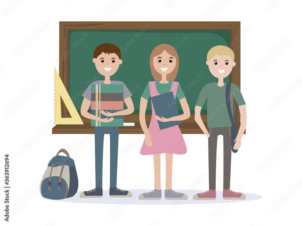 Three students standing in the school, against the background of a board. holding books and a backpack. Vector illustration of an animated character Three students standing in the school, against the background of a board. holding books and a backpack. Vector illustration of an animated character