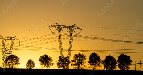 African stock photo of a landscape of overhead power lines and trees silhouetted against a sunrise sky in Kwa-Zulu Natal Midlands South Africa