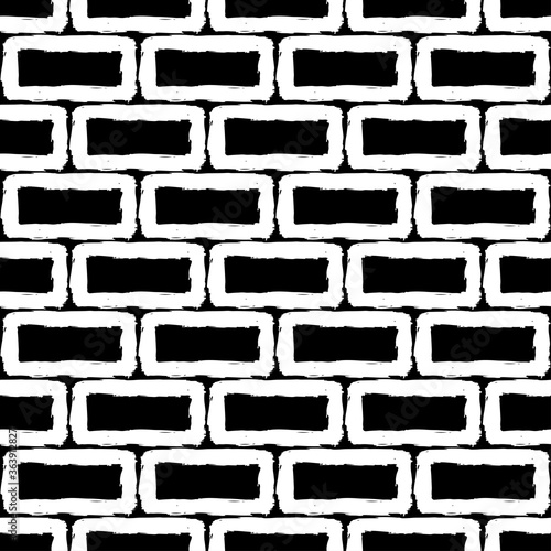 White ink contour bricks isolated on black background. Horizontal view. Monochrome geometric seamless pattern. Hand drawn vector flat graphic illustration. Texture.