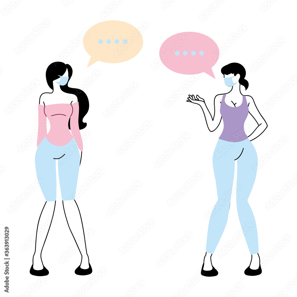 women with mask talking by bubble