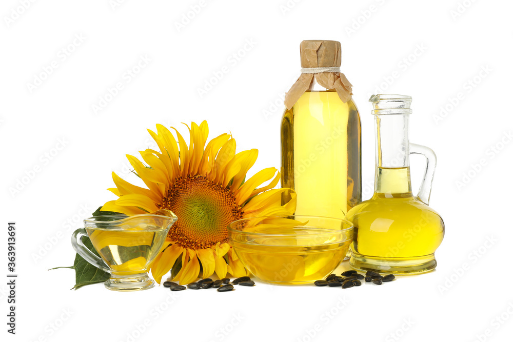 Sunflower, seeds and oil isolated on white background Sunflower, seeds and oil isolated on white background