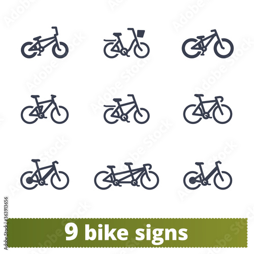 Bicycle icons set. Vector collection of different solid bike pictograms. Bmx, tandem, e-bike, city, mountain bike etc. Isolated clipart collection on white background.
