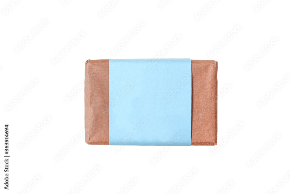 Fototapeta premium Elegant soap bar package isolated. Paper wrap packgaing blank mockup