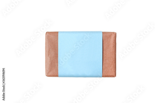 Elegant soap bar package isolated. Paper wrap packgaing blank mockup