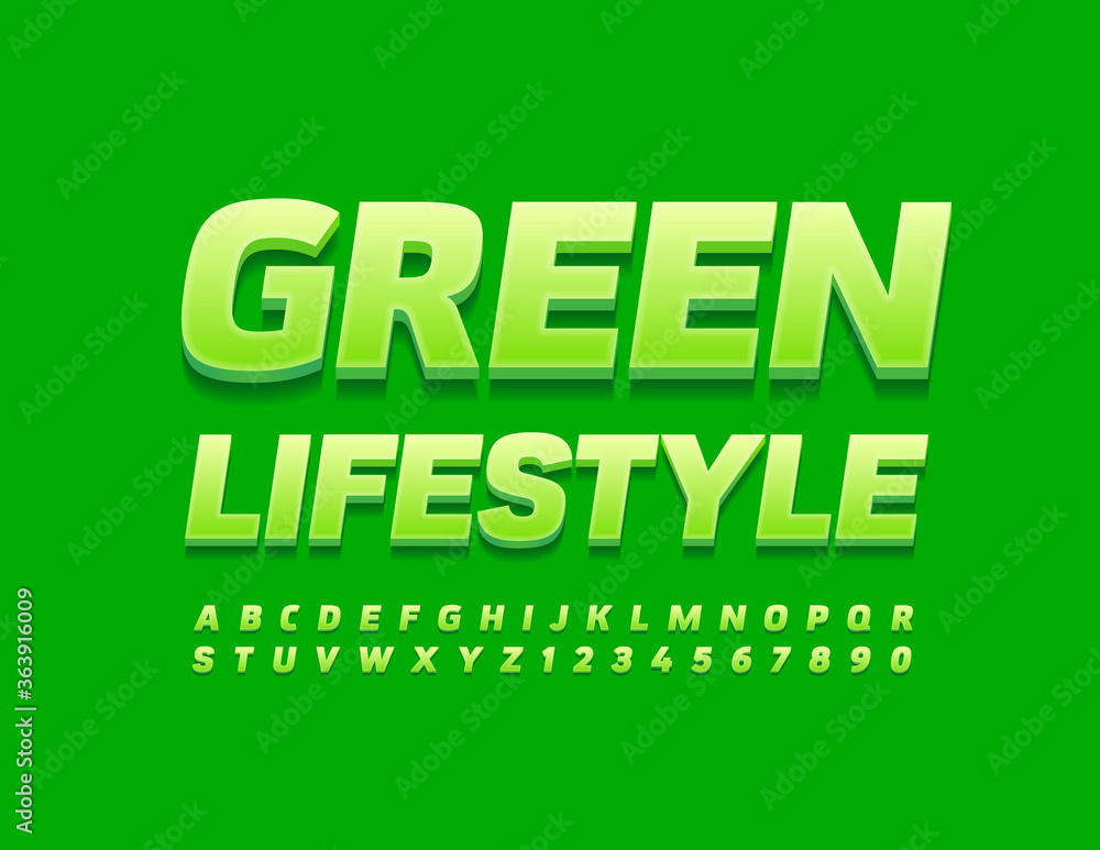 Vector eco concept Green Lifestyle. Trendy modern Font. 3D Natural Alphabet Letters and Numbers Vector eco concept Green Lifestyle. Trendy modern Font. 3D Natural Alphabet Letters and Numbers