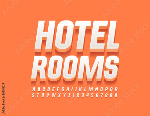 Vector trendy logo Hotel Rooms. White 3D Font. Stylish Alphabet Letters and Numbers