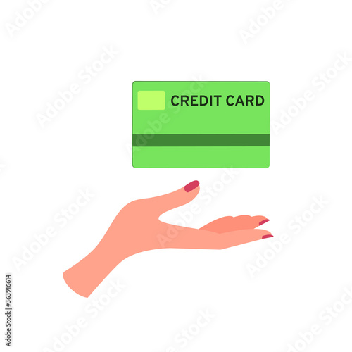 A credit card lies in the female palm. Vector illustration, flat color cartoon design, isolated on white background, eps 10. Concept: offer from the bank, favorable interest on the loan.