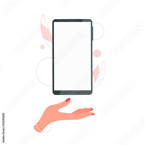 Female hand holds a mobile phone. Concept: presentation of a new model, device, application. Vector illustration, flat color cartoon design, isolated on white background, eps 10.