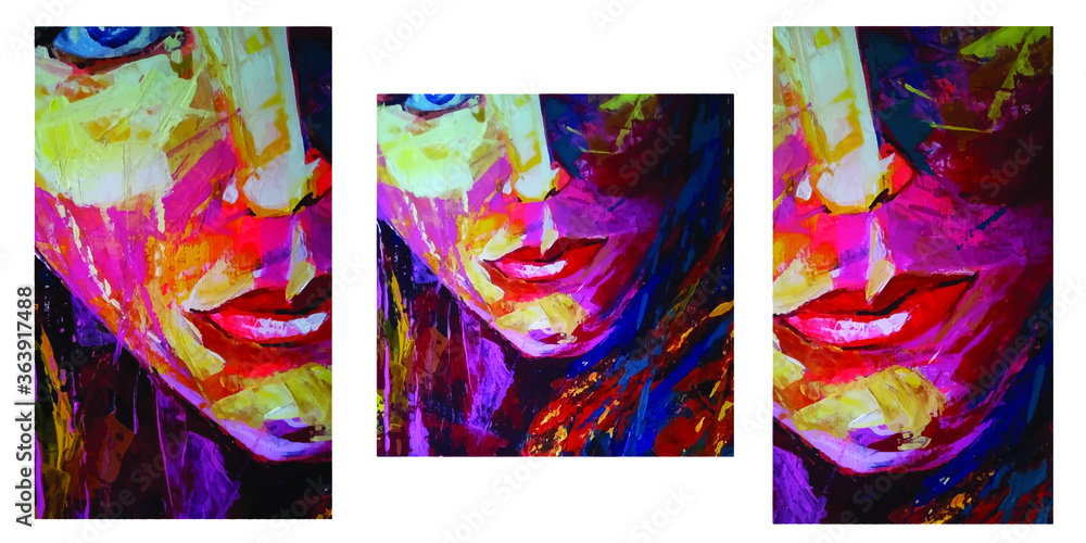 Vector set of parts of a female face. Abstract multicolored portrait of acrylic paint.