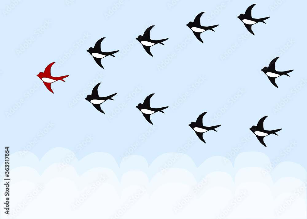 Birds in the sky led by a red bird on a blue background, vector chart
