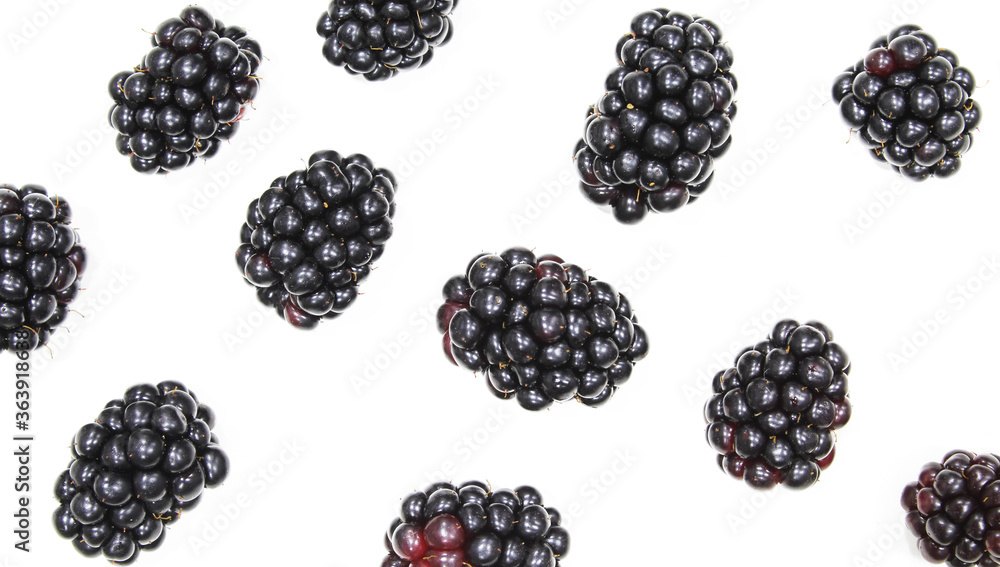 Blackberry backdrop. Multiple fruits isolated on white background Blackberry backdrop. Multiple fruits isolated on white background