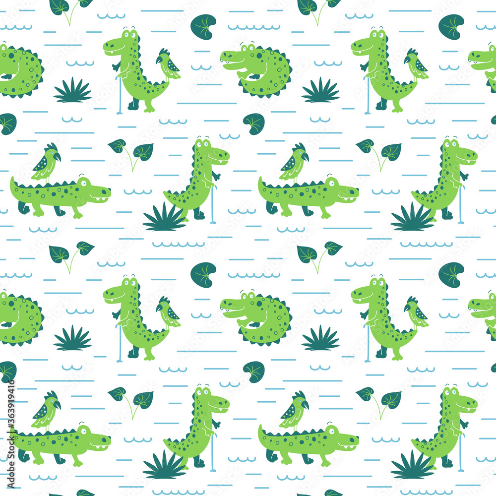 Fototapeta premium Cute crocodiles and plants seamless pattern. Children cartoon illustration 