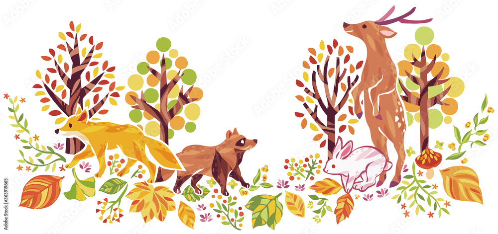 Obraz Jesienne liście i ilustracje zwierząt