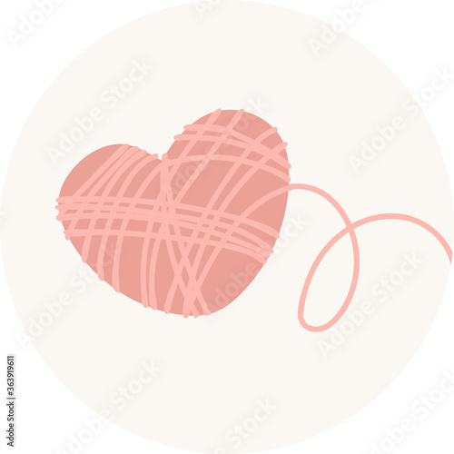 Vector illustration of a ball of thread in shape like heart in flat style. Emblem in a circle in nice natural colors. It can be used as icon or design element for needlework site, blogs