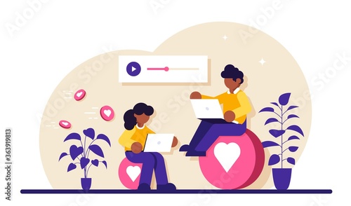 Online communication concept. A man and a woman communicate through social messengers, evaluate each other is content and photos. Modern flat illustration.