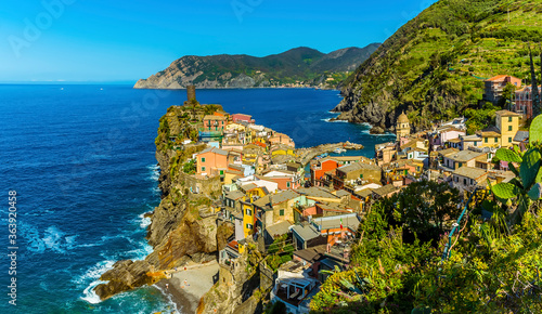 A view over the colourful village of Vernazza, from the path leading towards Corniglia in the summertime