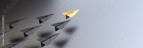 Leadership concept, yellow leader plane leading black planes, with empty space on right side. 3D Rendering photo