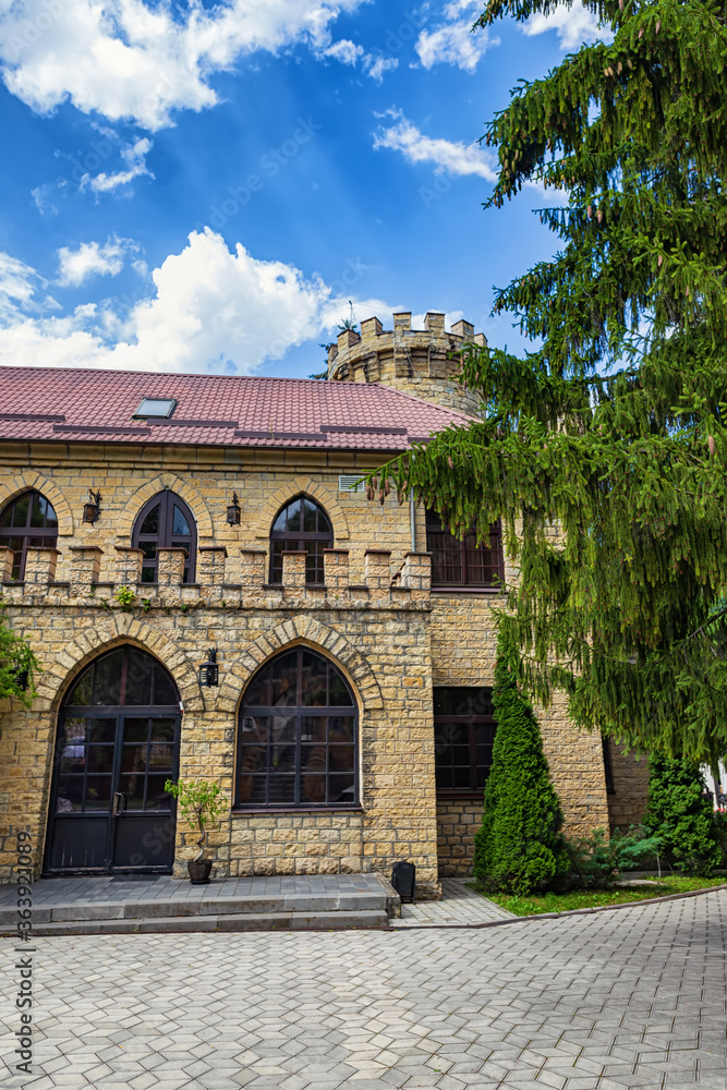 Obraz premium The restaurant building and surrounding areas are decorated in the style of a medieval castle