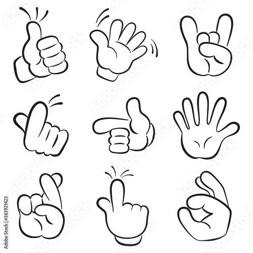 Various gestures of cartoon human hands.