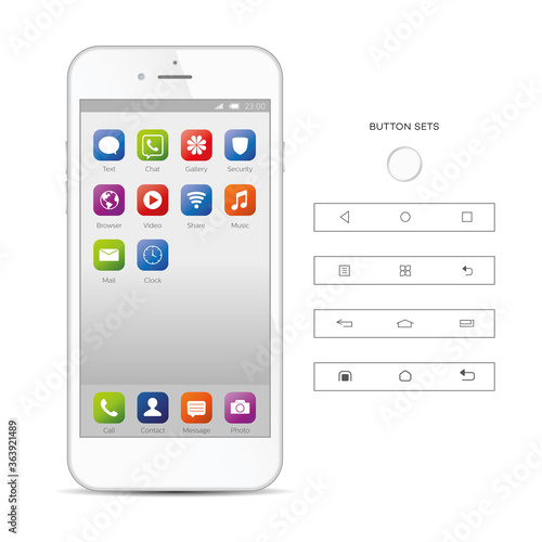 Realistic, modern, smart phone collection with apps on isolated background.