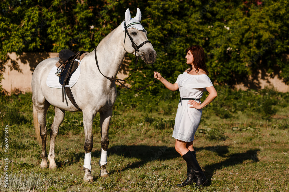 Woman in white dress and beautiful summer white horse Woman in white dress and beautiful summer white horse