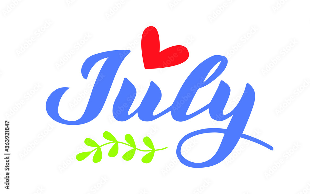 July month name. Handwritten lettering with flat flowers isolated on white. Vector illustration for poster, card, calendar, monthly logo, bullet journal, monthly organizer. Concept July advertising