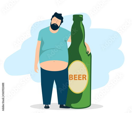 The concept of drunkenness. Drunk fat man hugs a bottle of beer. Unhealthy lifestyle. Vector illustration