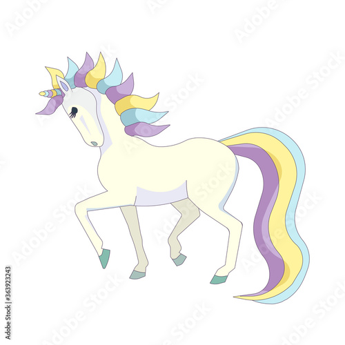 Pretty unicorn with colorful tail and mane on white isolated background, vector illustration for prints, stickers, emblems or elements of decor, concept of Magic, Cartoon, Fantasy and Fairy.