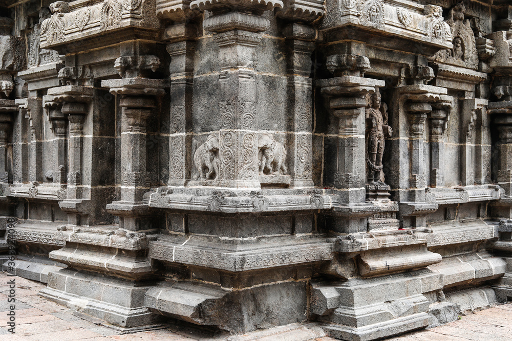 Detail Work In Gopuram, Carving on the walls of an ancient Hindu Temple in Thiruvannamalai, Tamil Nadu, India.