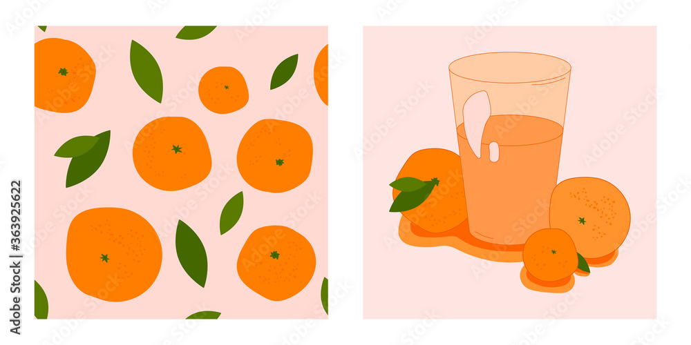 set of two citrus templates. glass of sweet citruses and seamless pattern with ripe oranges, tangerines and leaves. modern abstract design for packaging, print for clothes, fabric