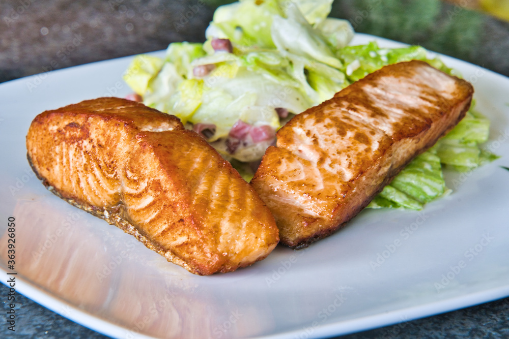 Zwei Bio Lachsfilets mit Salat und Jogurthdressing auf einem Teller angerichtet - guten Appettit Zwei Bio Lachsfilets mit Salat und Jogurthdressing auf einem Teller angerichtet - guten Appettit