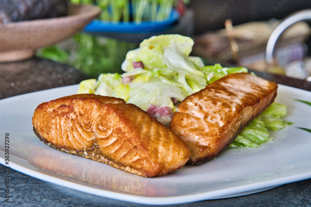 Zwei Bio Lachsfilets mit Salat und Jogurthdressing auf einem Teller angerichtet - guten Appettit Zwei Bio Lachsfilets mit Salat und Jogurthdressing auf einem Teller angerichtet - guten Appettit