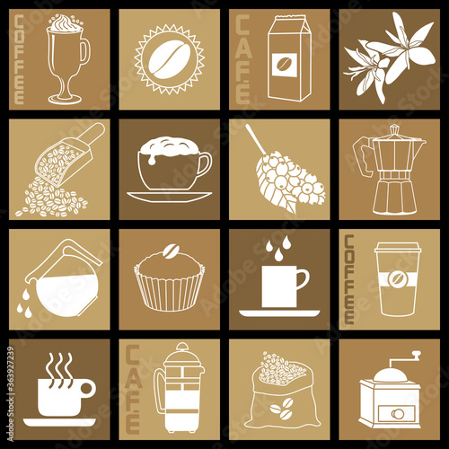 Affiche composée de carrés sur le thème du café avec des différentes silhouettes blanches.