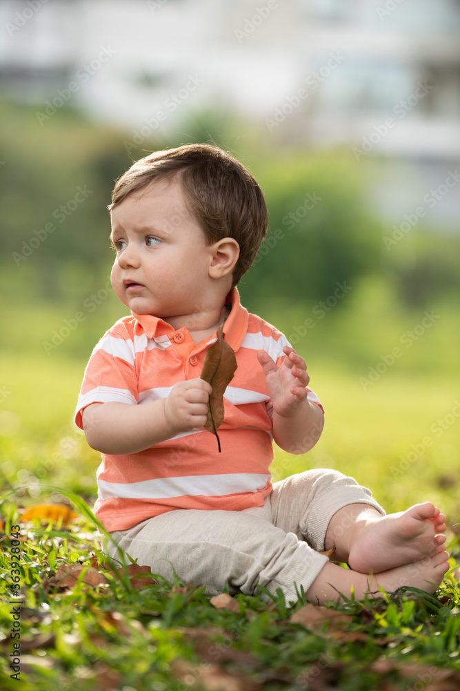 1 year old caucasian boy sitting on green lawn 1 year old caucasian boy sitting on green lawn