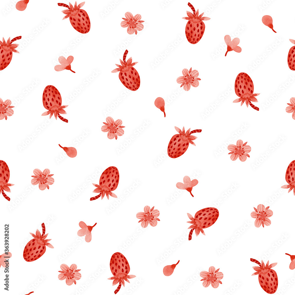 Seamless pattern with strawberries and flowers on a white background. Seamless pattern with strawberries and flowers on a white background.