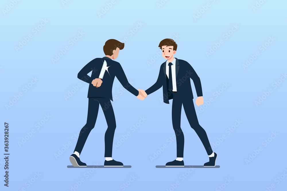Two Businessmen standing and shake hands each other for cooperation and make a deal. But the first one is holding knife behind his back and ready to betrayal. Two Businessmen standing and shake hands each other for cooperation and make a deal. But the first one is holding knife behind his back and ready to betrayal.