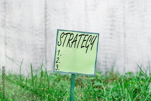 Conceptual hand writing showing Strategy. Concept meaning action plan or strategy designed to achieve an overall goal Plain paper attached to stick and placed in the grassy land