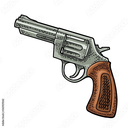 Revolver with short barrel. Vector engraving vintage illustrations.