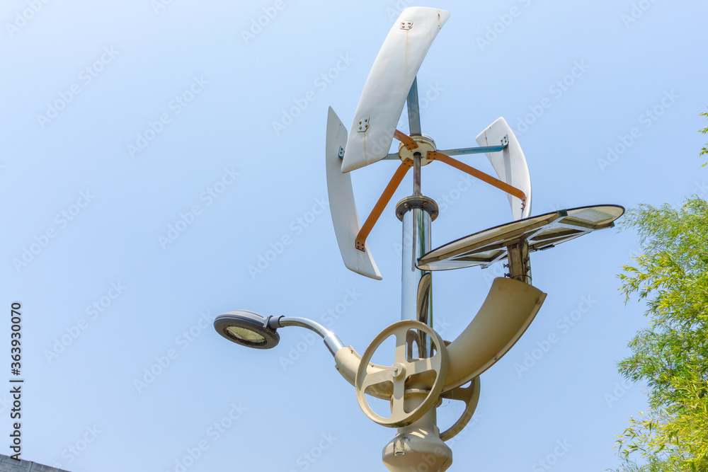 Wind turbine and solar cell energy street lamp in Gimhae, South Gyeongsang province, South Korea Wind turbine and solar cell energy street lamp in Gimhae, South Gyeongsang province, South Korea