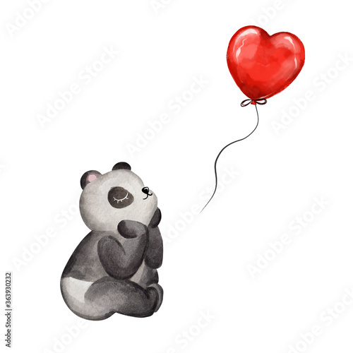 Little panda bear with heart shaped balloon. Hand drawn watercolor Valentine's Day illustration