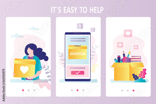 Donation mobile app. Set of web pages template. Woman philanthropist holds box with donations. Financial support.