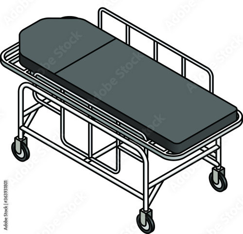 A hospital gurney / bed with wheels and railings.