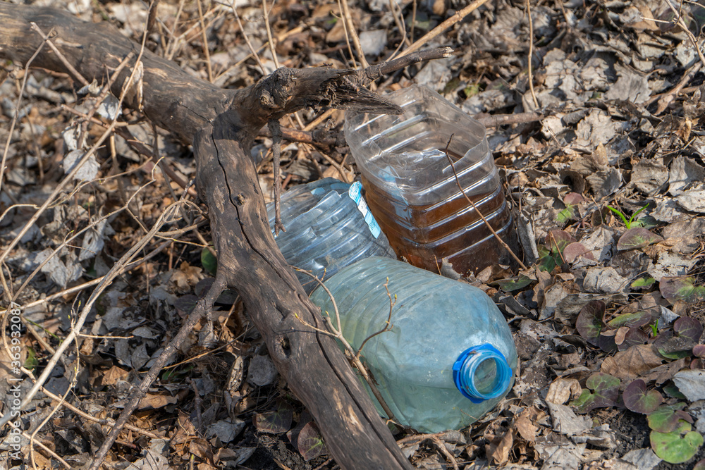 Fototapeta premium Three big plastic bottles lie on last year leaves near dead branch. Spring forest polluted by human rubbish recyclable litter. Ecology concept of the dangerous garbage. Horizontal image, copy space.