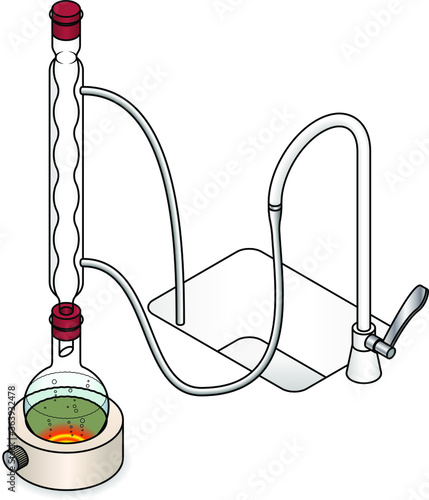 Laboratory setup for reflux reactions. With an Allihn condenser. Round bottom flask.