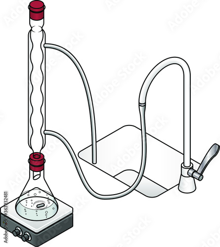 Laboratory setup for reflux reactions. With an Allihn condenser. Conical flask.